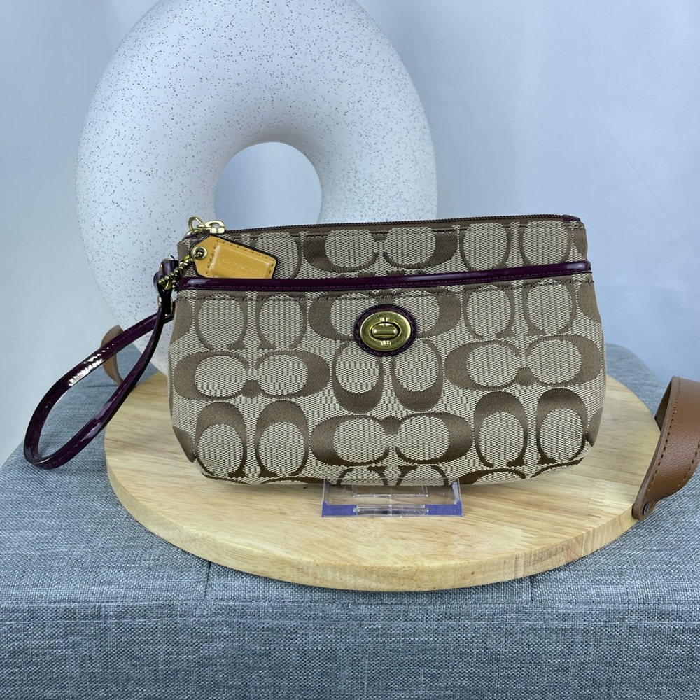 Coach Tan Brown 8” Multi- Pockets Fully Lined Purple Satin Zip Opening Wristlet